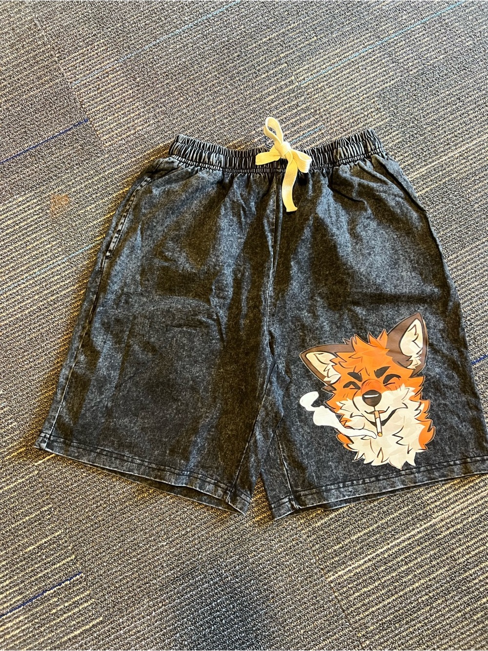 Black Graphic Fox Print Drawstring Shorts